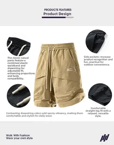 Detail of khaki cargo shorts showing elastic waistband with drawstring and side pockets