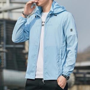 Sky blue men's ice silk sun protection jacket with hood and full zipper closure