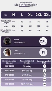 Detailed size chart for camping vest showing measurements in M to 3XL for men and women