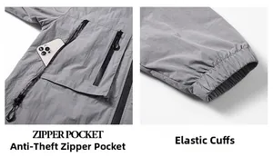 Detail of waterproof zipper pocket and elastic cuffs on a grey outdoor windbreaker