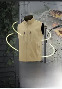 Close-up of khaki outdoor multi-pocket fishing vest with stand collar and zipper detail
