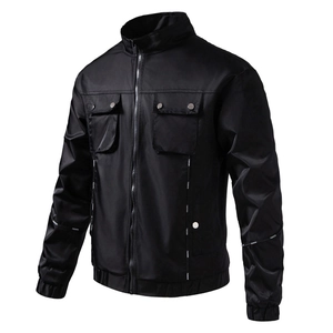 Men's black stand-collar bomber jacket with stylish fashion ribbon details and pockets
