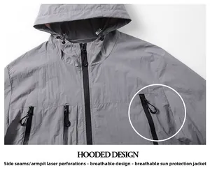 Detail of laser-cut ventilation holes on grey hooded sun protection jacket for men