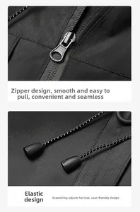 Détails d'une veste imperméable avec fermeture éclair métallique et cordons de serrage réglables