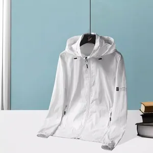 White breathable ice silk sun protection jacket for men featuring hood and drawstring
