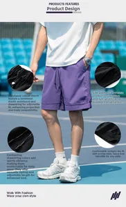 Dettaglio di pantaloncini sportivi viola con elastico in vita e coulisse a contrasto
