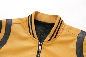 Close-up of yellow PU leather jacket featuring black ribbed collar and thick fleece lining