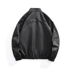 Men's black flight jacket with stand collar and white letter print straps on the back