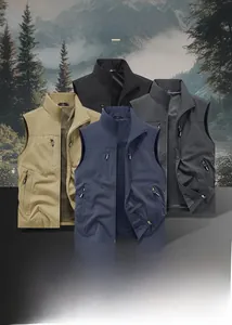 Detail of four-color casual vests featuring mesh lining and multiple zipper pockets
