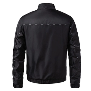 Men's black biker jacket with fashion letter printing on sleeves shown from the back view