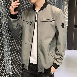Men's grey-green baseball jacket with embroidered text and black ribbed collar and cuffs