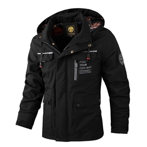 Men's black hooded outdoor parka with warm plaid lining and multi-pocket utility design