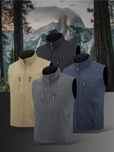 Detail view of multi-pocket fishing vests in four colors with durable zipper closures