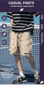 Detail of khaki cargo shorts showing multi-pocket design and water-resistant fabric