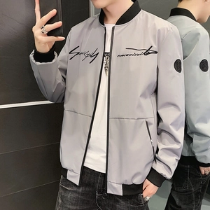 Men's light grey bomber jacket with black ribbed collar and stylish chest embroidery