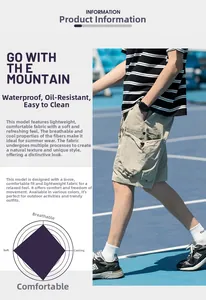 Detail view of khaki tech shorts featuring waterproof and oil-resistant fabric technology