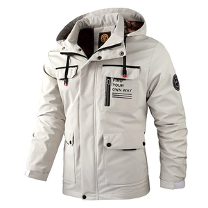 Men's outdoor hooded parka jacket in white with functional pockets and plaid lining