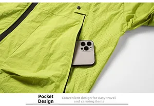 Detail of lime green sun protection jacket with side zipper pocket and breathable mesh vents