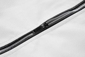 Close-up of black metal zipper and textured white PU leather on the biker jacket