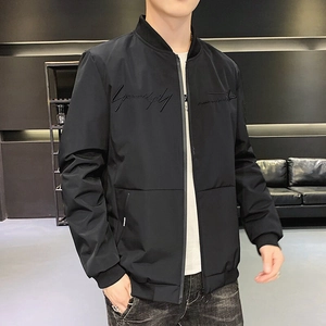 Men's black bomber jacket with embroidery and rib-knit trim over white t-shirt