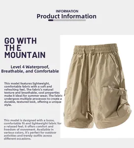 Detail showing the water-resistant and breathable fabric of khaki cargo shorts