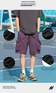 Detail view of purple cargo shorts featuring elastic drawstring waist and large flap pockets