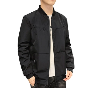 Men's stylish black bomber jacket with embroidered lettering and ribbed trim