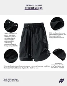 Detail view of men's cargo shorts featuring elastic drawstring waist and large side pockets
