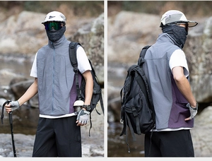 Outdoor technical vest with purple accents showing front and back views in nature