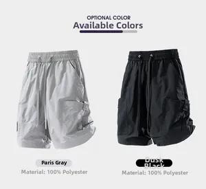 Detail of cargo shorts in Paris Grey and Twilight Black showing 100% polyester fabric