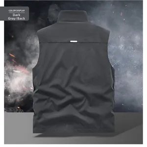 Dark grey outdoor vest back view featuring reflective safety strip on windproof fabric
