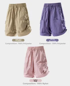 Detailed comparison of khaki, purple and pink cargo shorts with fabric composition details