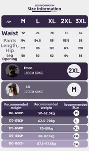 Size guide for summer cargo shorts with waist, length, and hip measurements chart