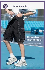 Demonstration of water-repellent performance on black technical cargo shorts fabric