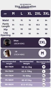 Detailed size chart for cargo shorts including waist and length in CM from M to 3XL