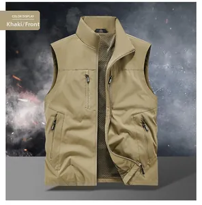 Close-up of khaki multi-pocket outdoor vest with breathable mesh lining and full zip