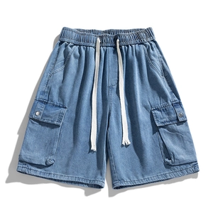 Men's Denim Cargo Shorts Elastic Waist Drawstring Multi-Pocket Washed Cotton Blend Casual Loose Shorts For Summer Outdoor