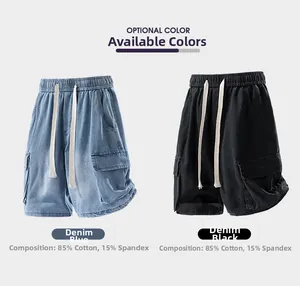Detail of cargo denim shorts featuring elastic drawstring waist and large side pockets