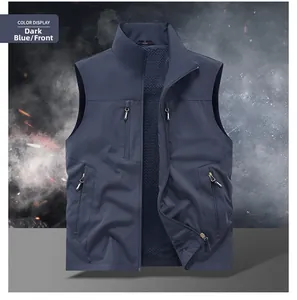 Detail view of navy blue vest featuring a breathable mesh lining and secure zipper pockets