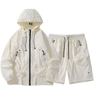 Men's hooded sun protection suit with ultra-thin breathable fabric in cream white