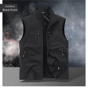 Detail view of black outdoor vest featuring functional zippers and breathable mesh lining