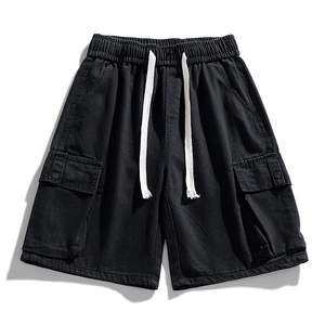Men's relaxed fit black cargo shorts with large side pockets and drawstring waist