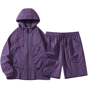 Purple hooded sun-protective suit with lightweight windbreaker and shorts for outdoor sports
