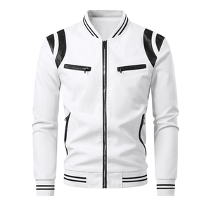 Men American Retro PU Leather Motorbike Jacket Patchwork Fleece Lining Windproof Stand Collar Varsity Casual Streetwear