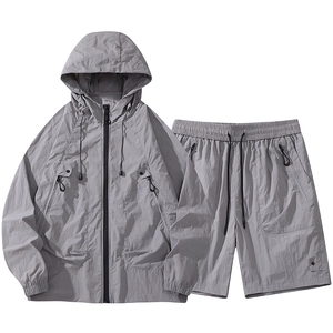 Men's light grey hooded outdoor sun protection set with zip-up jacket and shorts
