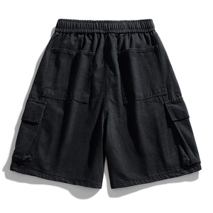 Men's loose black cargo denim shorts with large pockets and drawstring waist design