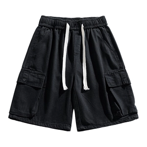 Men's black cargo denim shorts with large pockets and elastic drawstring waistline