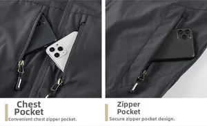 Close-up of functional zipper pockets on a grey fishing vest showing storage capacity