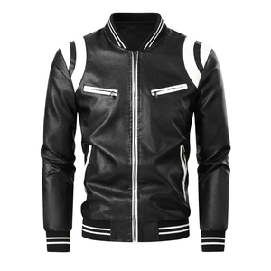 Men's black and white PU leather baseball jacket with ribbed cuffs and stand collar