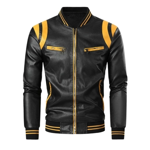 Men's motorcycle PU leather jacket in black with yellow stripes and stand collar